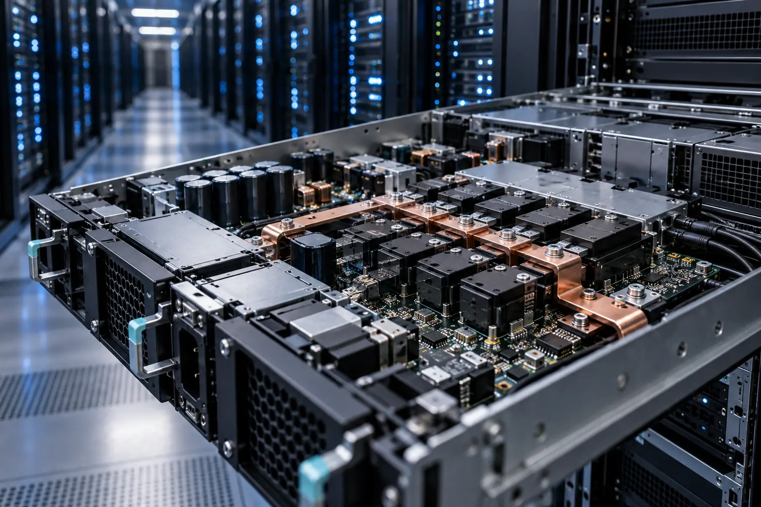 AI 服务器供电与系统管理 — 应用概念渲染，不是项目交付实拍